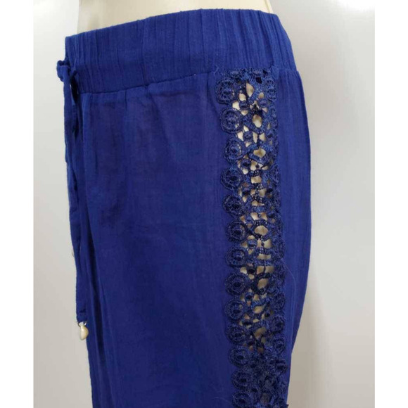 Ellen Weaver Womens M Palazzo Pants Royal Blue Elastic Waist Lace Side Seam New - Picture 3 of 7